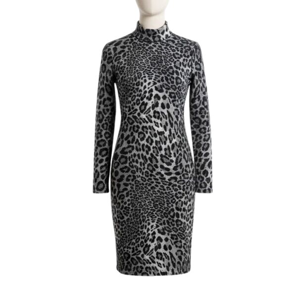 CACHÉ M Y2K Early 2000s Turtleneck Leopard Knit Sweater Dress - Picture 1 of 11